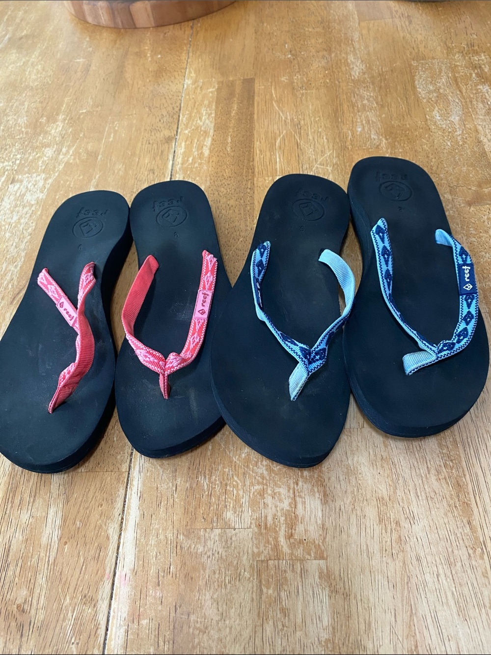 Reef Black Flip Flops with Pink and Blue Straps